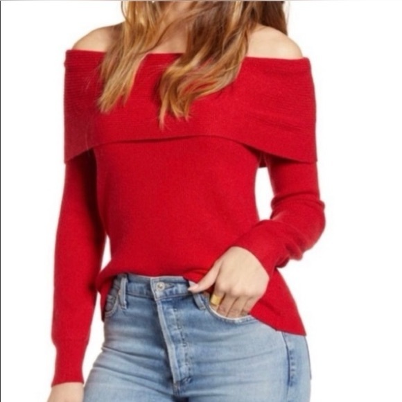 Leith Off the Shoulder Red Oversized Sweater - Picture 1 of 7
